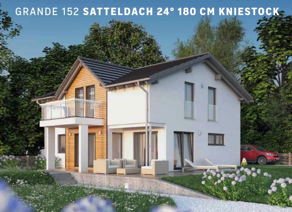 Grande 152 mit Satteldach 24°, Satteldachgaube und Balkon. Kniestock 180cm bringt Raum im OG. Anbieter: Haas Fertigbau, Beratung Christian Dickmann