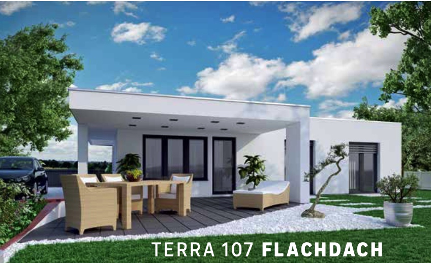 Modernes Wohnen auf einer Ebene: Terra 107 mit Flachdach und großzügiger überdachter Terrasse.
